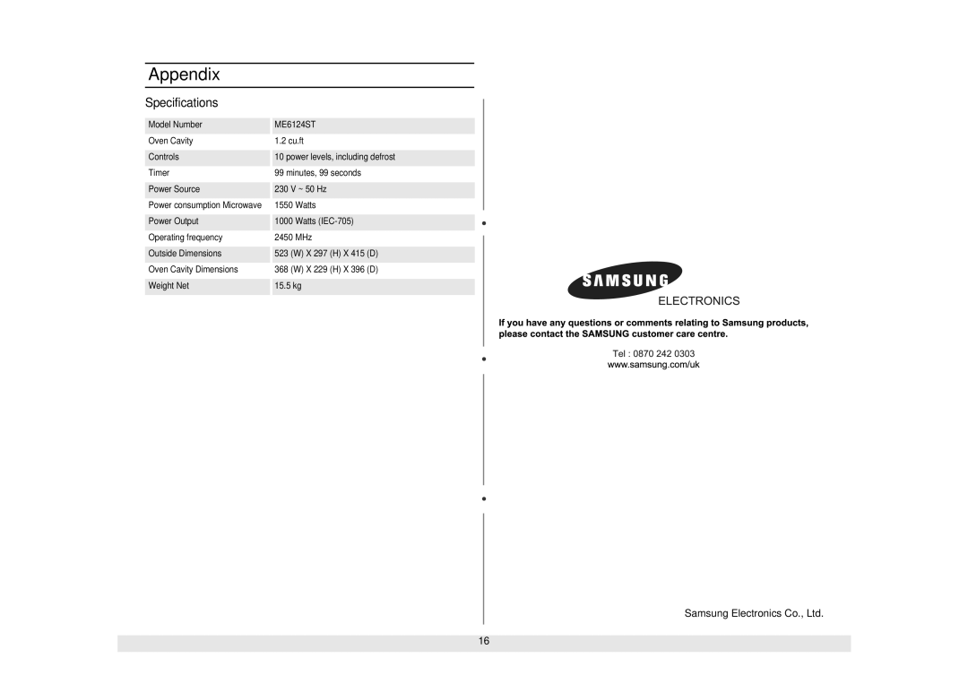 Samsung ME6124ST owner manual Specifications 