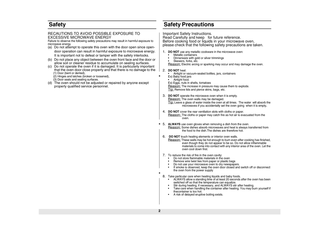 Samsung ME6124ST owner manual Safety Precautions, Do not heat 