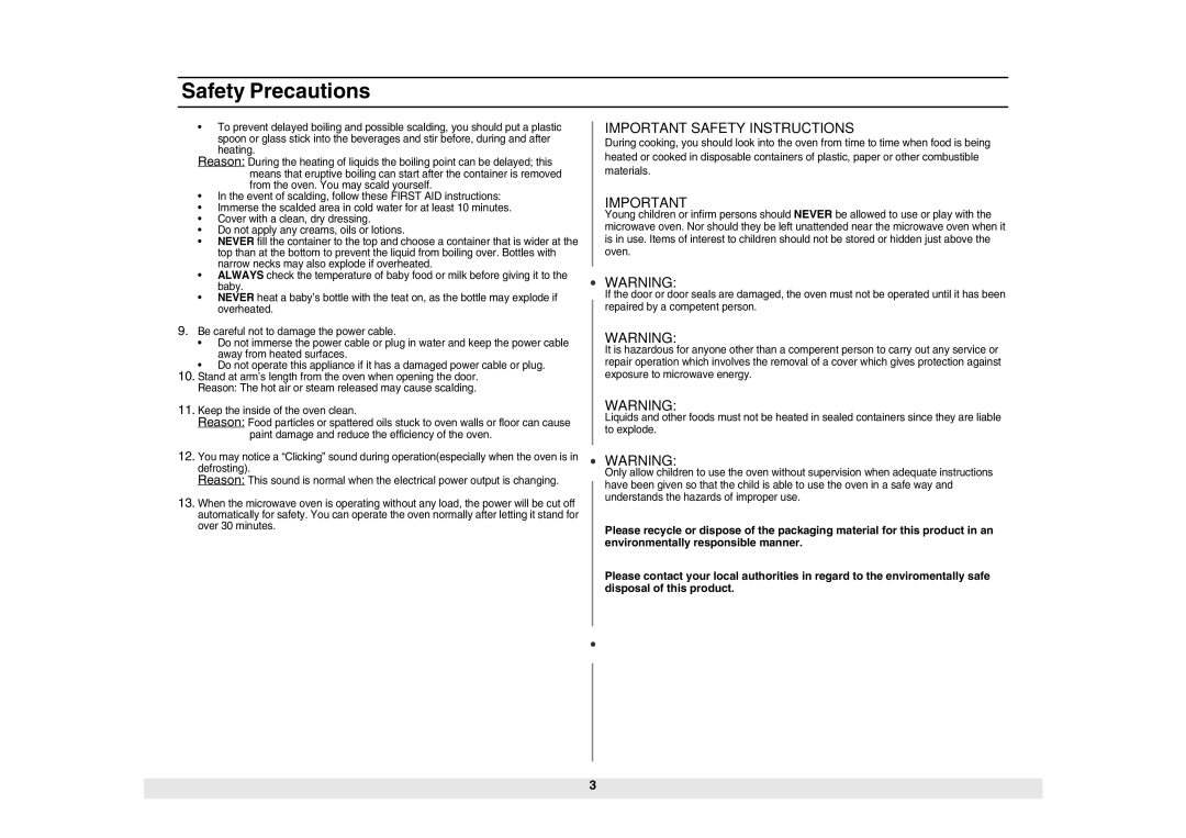 Samsung ME6124ST owner manual Important Safety Instructions 