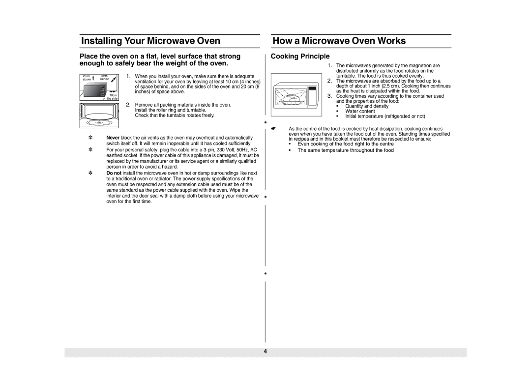 Samsung ME6124ST Installing Your Microwave Oven, How a Microwave Oven Works, Cooking Principle, Inches of space above 