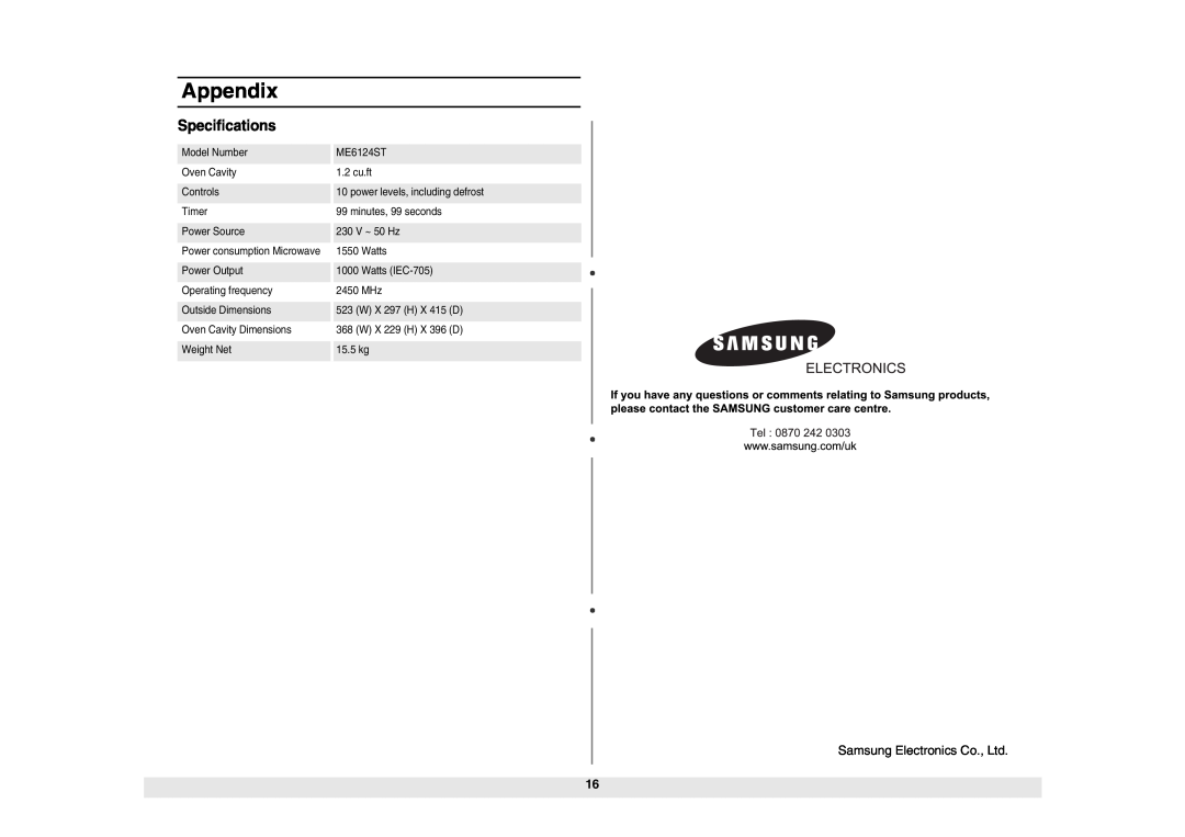 Samsung ME6124ST owner manual Specifications, Appendix 