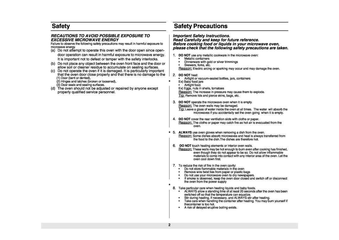 Samsung ME6124ST Safety Precautions, Important Safety Instructions, Read Carefully and keep for future reference 