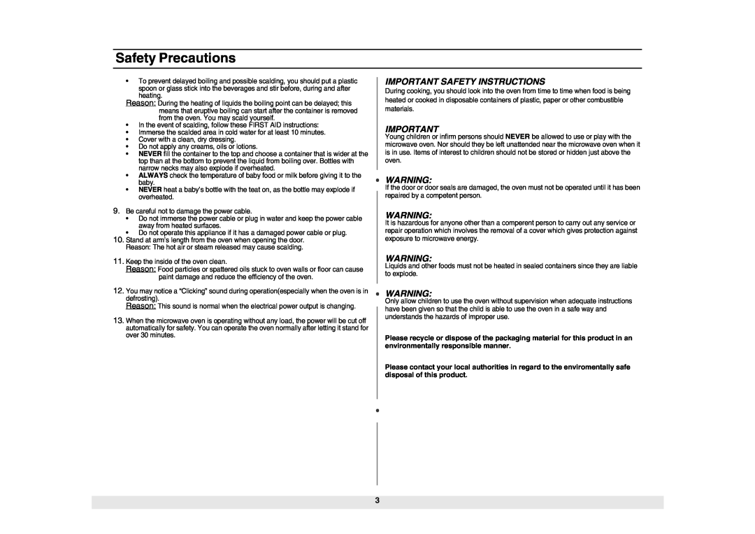 Samsung ME6124ST owner manual Important Safety Instructions, Safety Precautions 