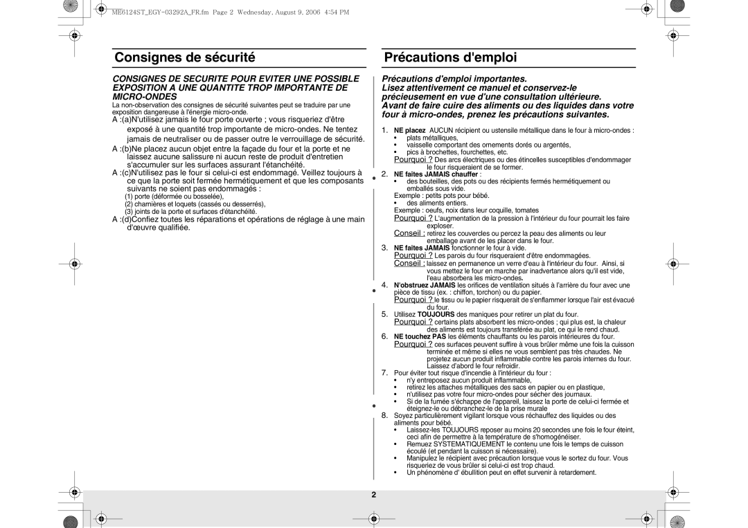 Samsung ME6124ST/EGY manual Consignes de sécurité, Précautions demploi, NE faites Jamais chauffer 