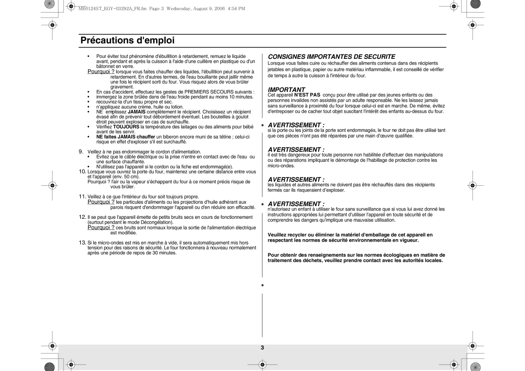 Samsung ME6124ST/EGY manual Consignes Importantes DE Securite 