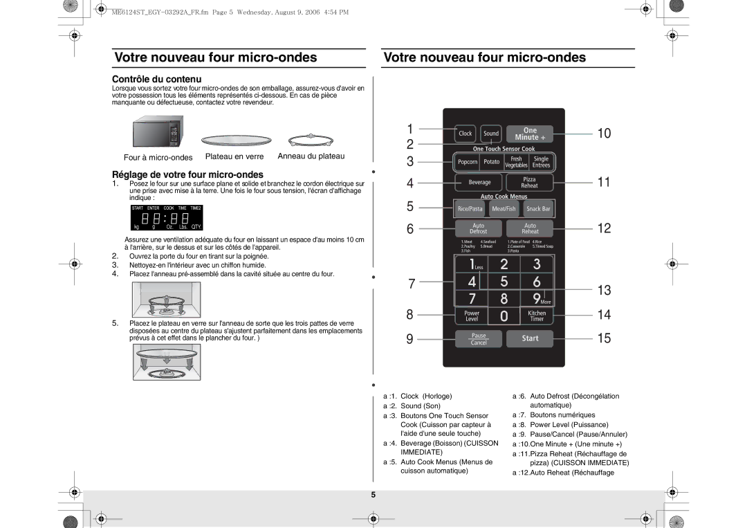 Samsung ME6124ST/EGY manual Votre nouveau four micro-ondes, Contrôle du contenu, Réglage de votre four micro-ondes 