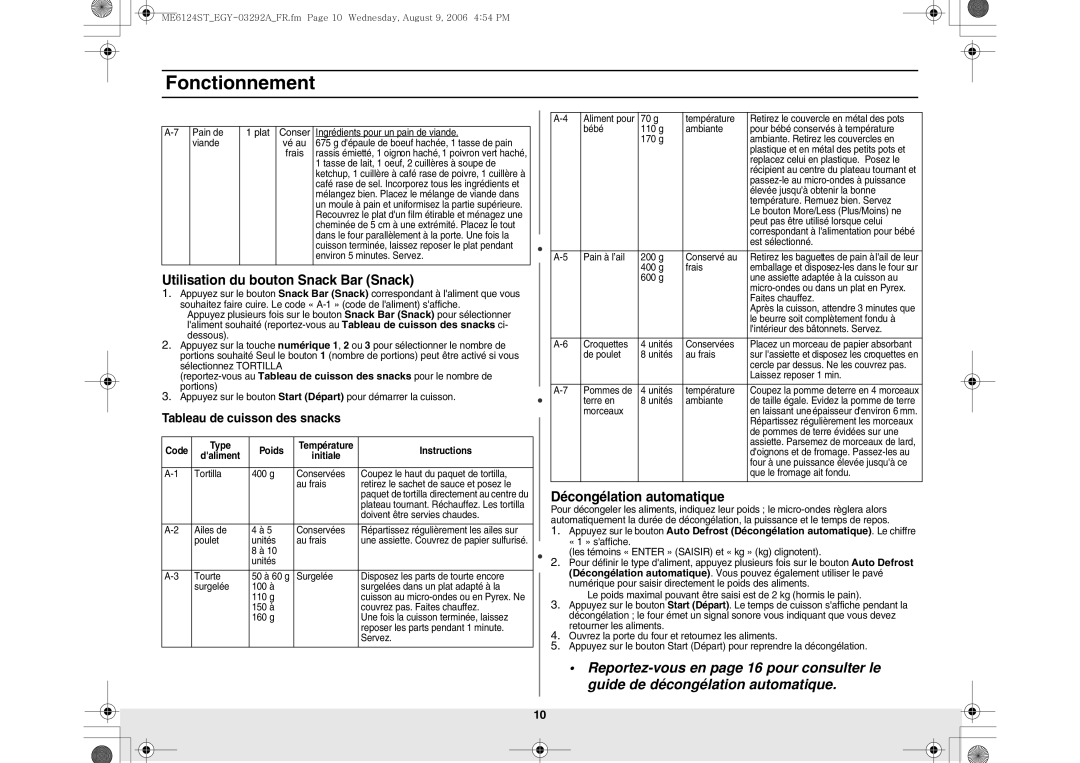 Samsung ME6124ST/EGY manual Utilisation du bouton Snack Bar Snack, Décongélation automatique, Tableau de cuisson des snacks 