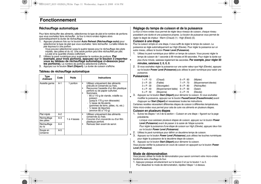 Samsung ME6124ST/EGY manual Réchauffage automatique, Tableau de réchauffage automatique, Mode de démonstration 