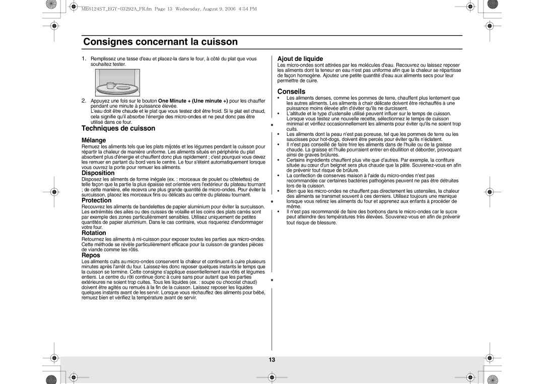 Samsung ME6124ST/EGY manual Techniques de cuisson, Conseils 