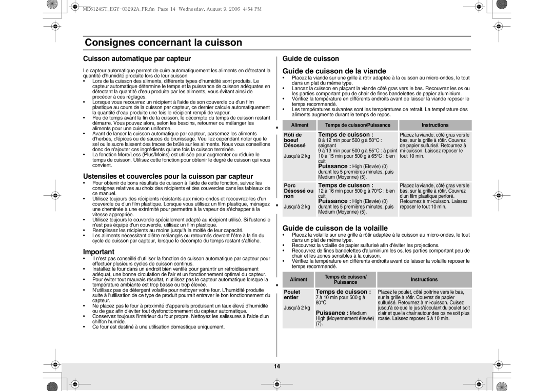 Samsung ME6124ST/EGY manual Guide de cuisson de la viande, Guide de cuisson de la volaille, Cuisson automatique par capteur 