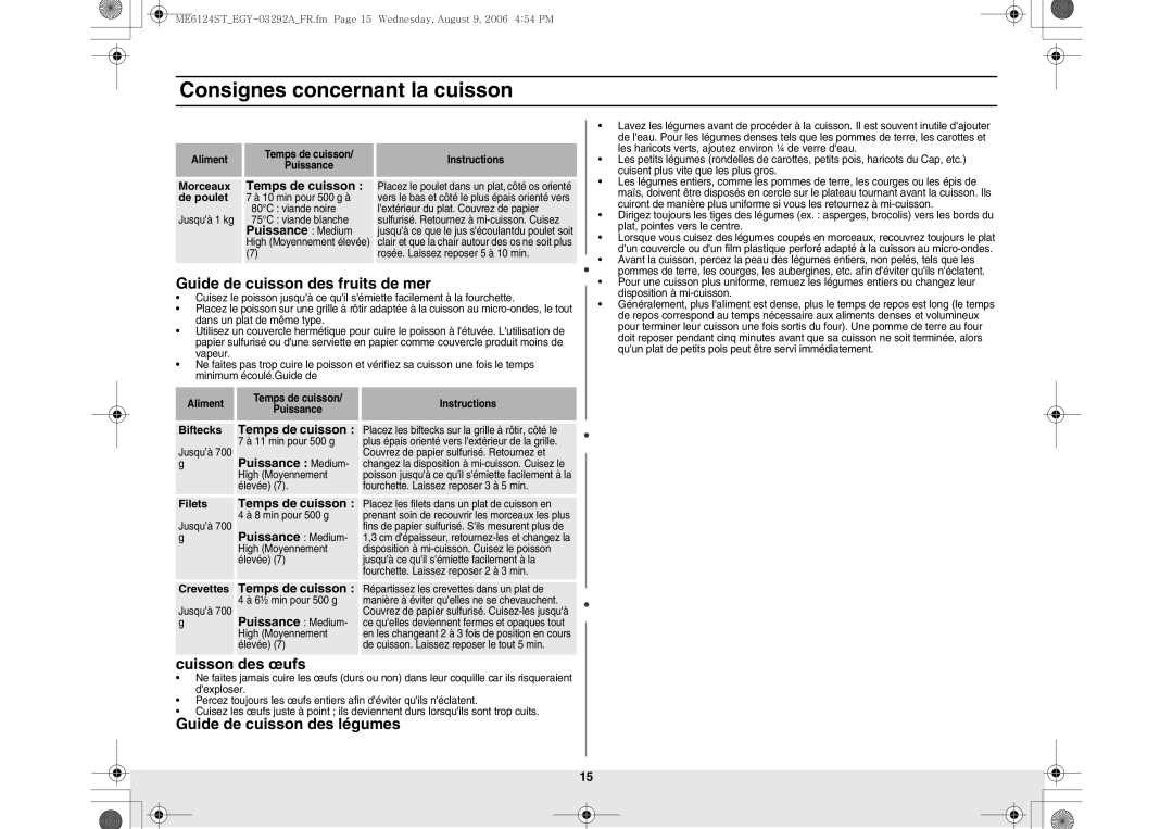 Samsung ME6124ST/EGY manual Guide de cuisson des fruits de mer, Cuisson des œufs, Guide de cuisson des légumes 
