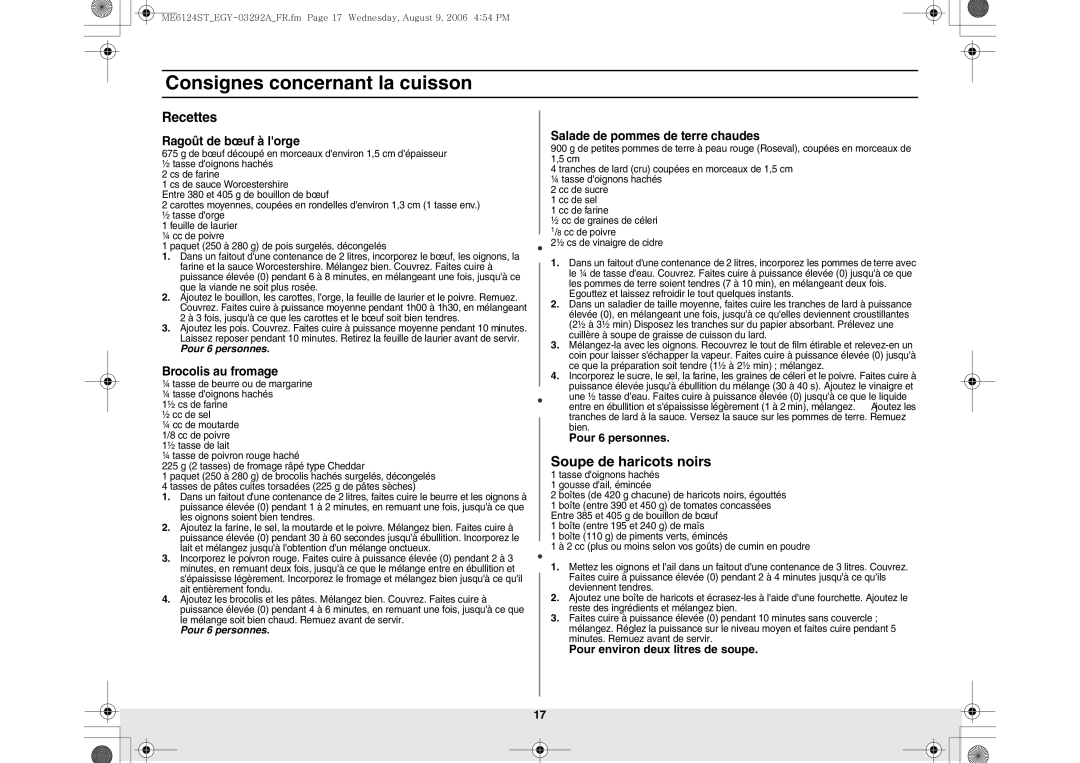 Samsung ME6124ST/EGY manual Soupe de haricots noirs, Recettes, Ragoût de bœuf à lorge, Brocolis au fromage 