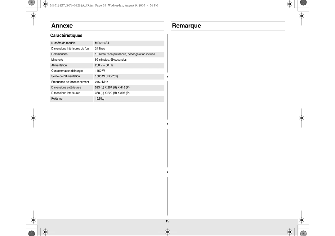 Samsung ME6124ST/EGY manual Annexe Remarque, Caractéristiques 