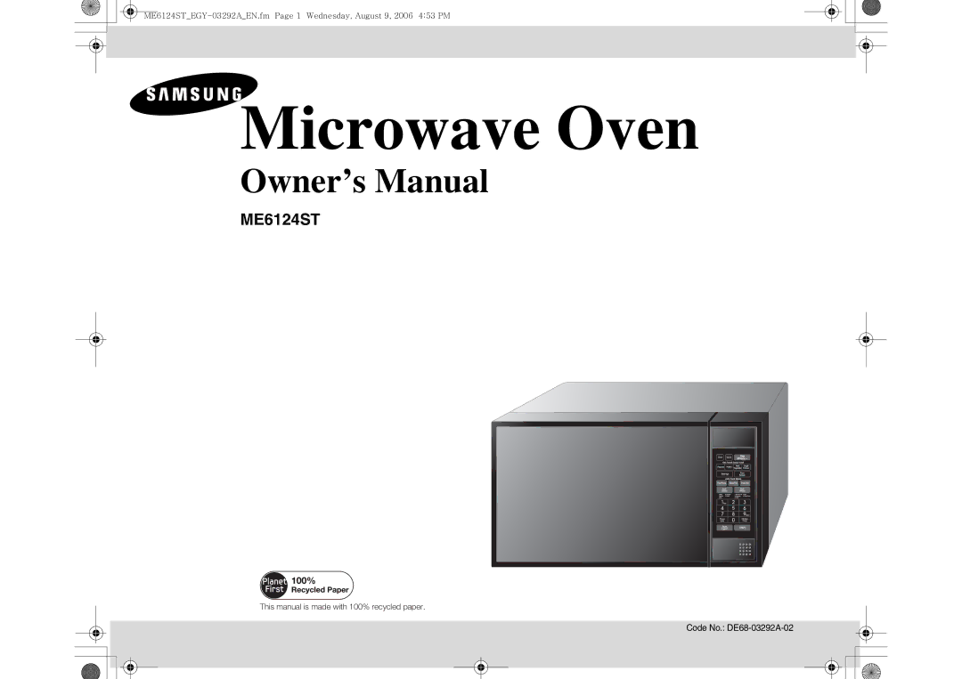 Samsung ME6124ST/EGY manual Microwave Oven, Code No. DE68-03292A-02 