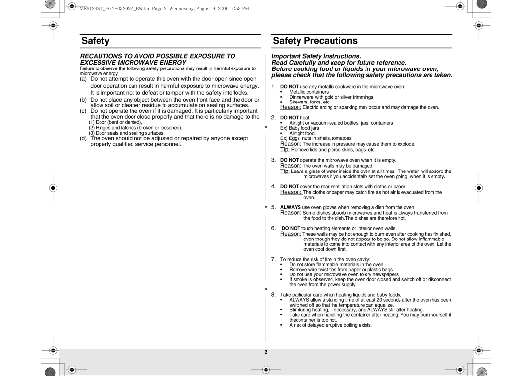 Samsung ME6124ST/EGY manual Safety Precautions, Do not heat 