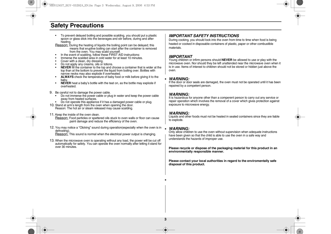 Samsung ME6124ST/EGY manual Important Safety Instructions 