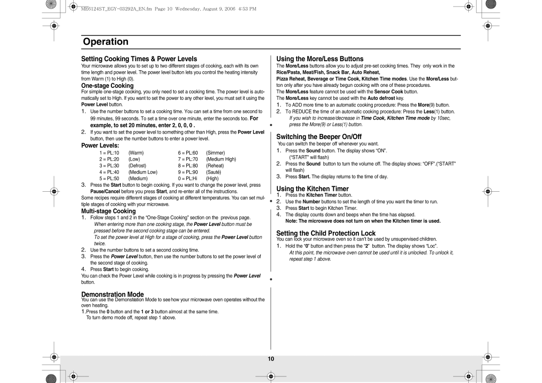 Samsung ME6124ST/EGY manual Setting Cooking Times & Power Levels, Demonstration Mode, Using the More/Less Buttons 