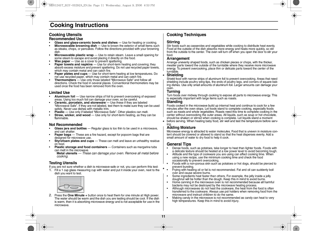 Samsung ME6124ST/EGY manual Cooking Instructions, Cooking Utensils, Cooking Techniques, General Tips 