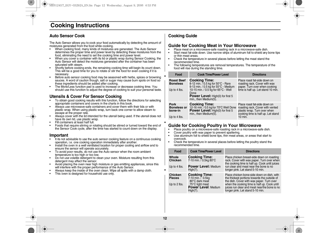 Samsung ME6124ST/EGY Guide for Cooking Meat in Your Microwave, Guide for Cooking Poultry in Your Microwave, Cooking Guide 