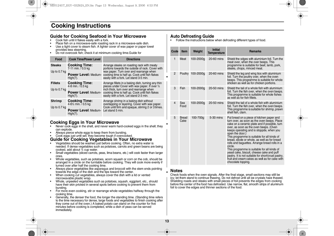 Samsung ME6124ST/EGY Guide for Cooking Seafood in Your Microwave, Cooking Eggs in Your Microwave, Auto Defrosting Guide 