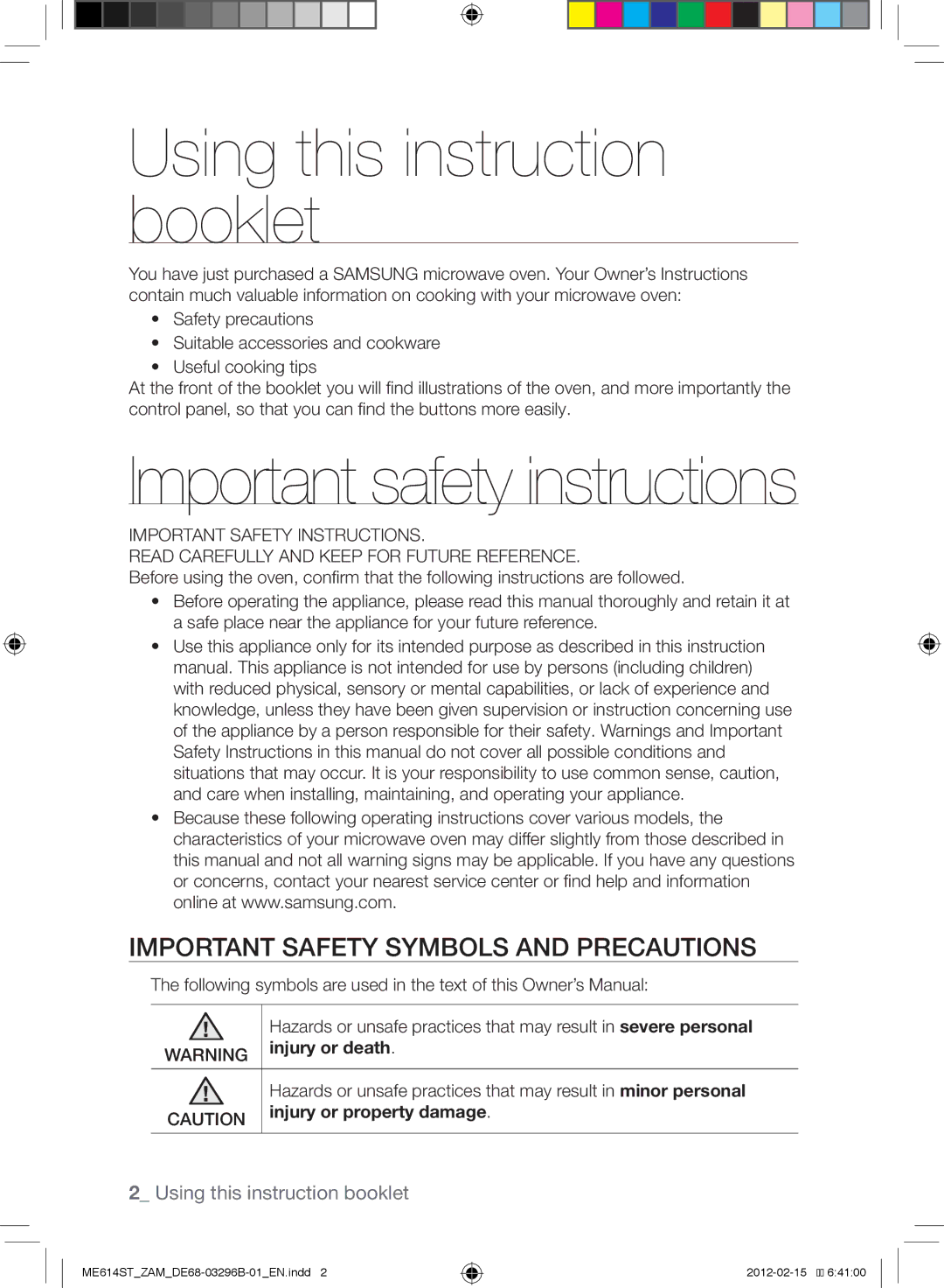 Samsung ME614ST/ZAM manual Using this instruction booklet, Important safety symbols and precautions, Injury or death 