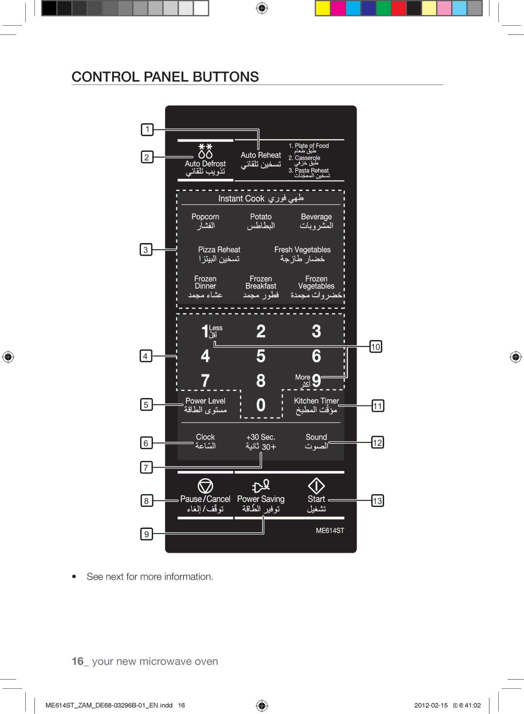 Samsung ME614ST/ZAM manual Control Panel Buttons, See next for more information 