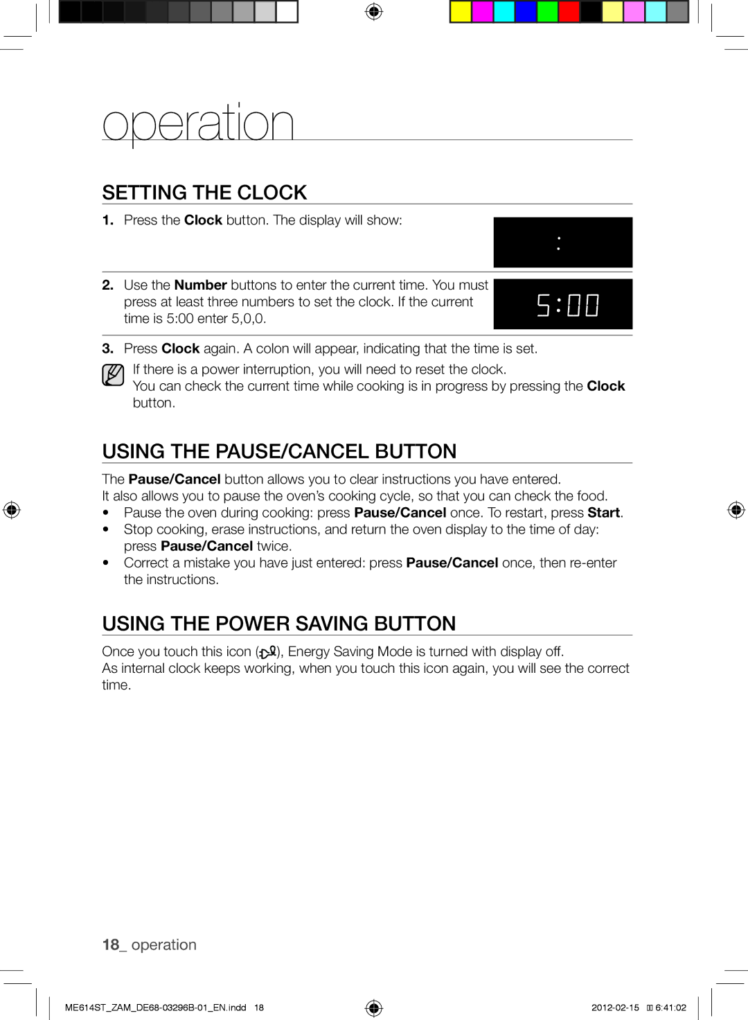 Samsung ME614ST/ZAM manual Operation, Setting the Clock, Using the Pause/Cancel Button, Using the power saving Button 