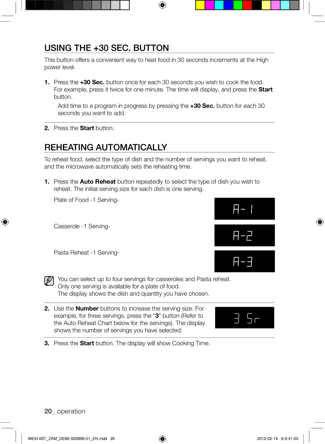 Samsung ME614ST/ZAM manual Using the +30 Sec. Button, Reheating Automatically 