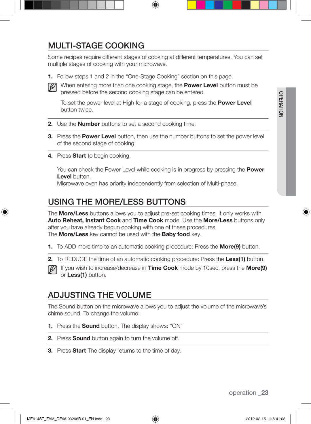 Samsung ME614ST/ZAM manual Multi-stage Cooking, Using the More/Less Buttons, Adjusting the Volume 