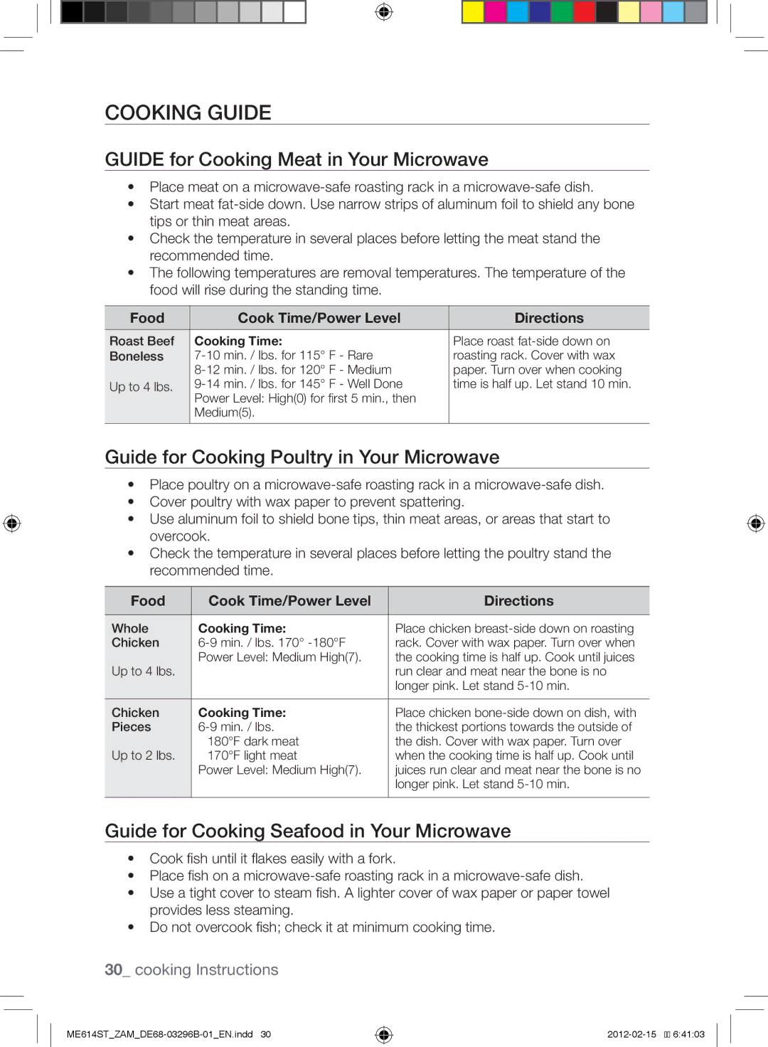 Samsung ME614ST/ZAM Cooking Guide, Guide for Cooking Meat in Your Microwave, Guide for Cooking Poultry in Your Microwave 