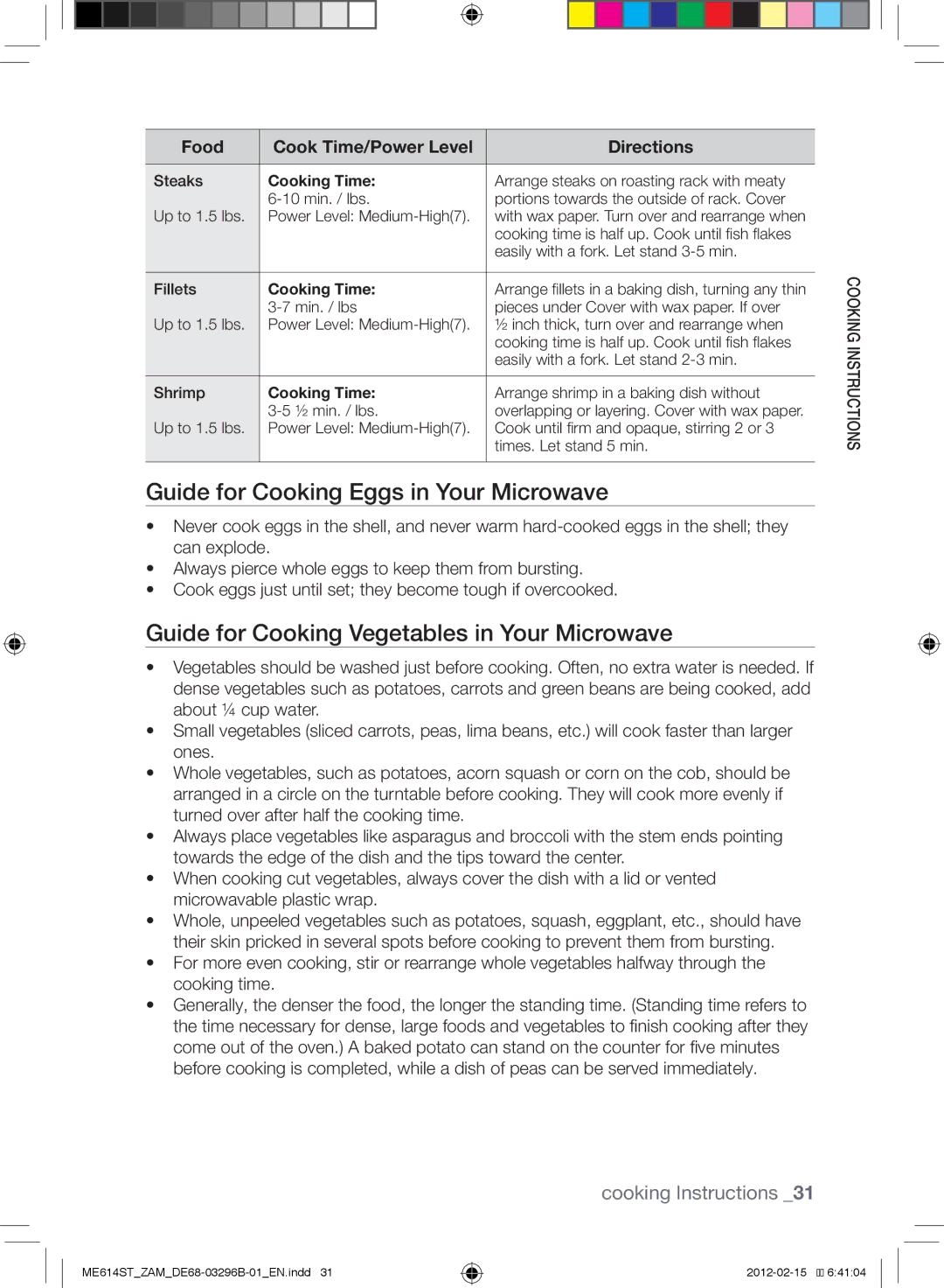 Samsung ME614ST/ZAM manual Guide for Cooking Eggs in Your Microwave, Guide for Cooking Vegetables in Your Microwave 