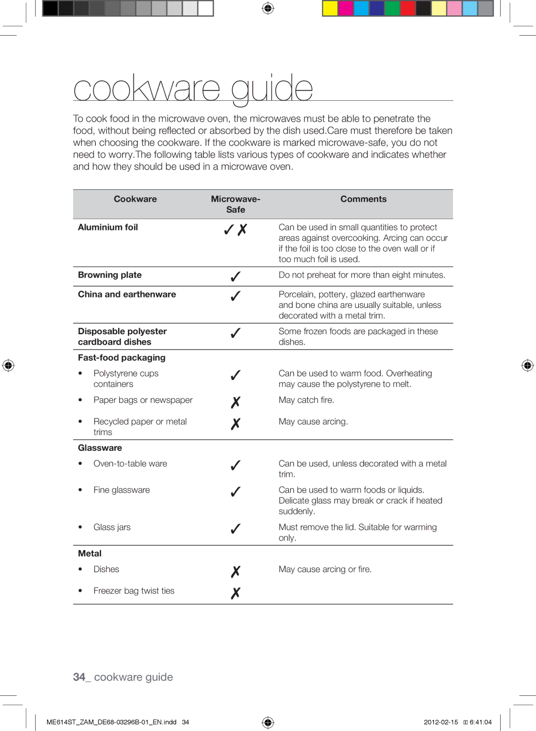 Samsung ME614ST/ZAM manual Cookware guide, Aluminium foil 