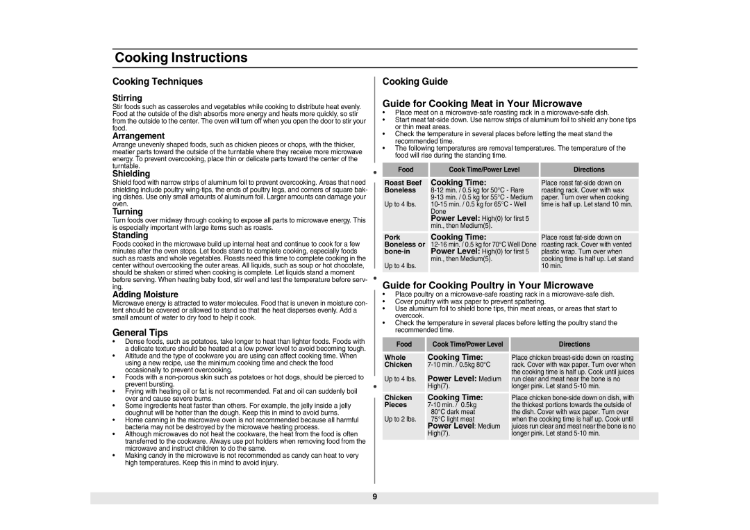 Samsung ME614ST/ZAM Guide for Cooking Meat in Your Microwave, Guide for Cooking Poultry in Your Microwave, General Tips 