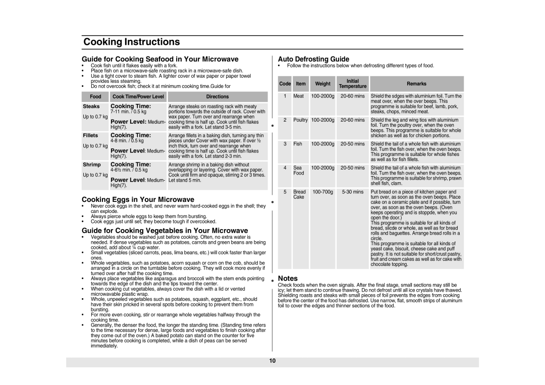 Samsung ME614ST/ZAM Guide for Cooking Seafood in Your Microwave, Cooking Eggs in Your Microwave, Auto Defrosting Guide 