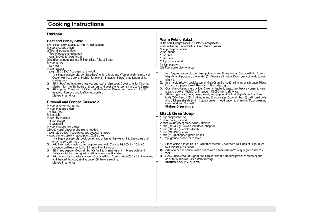 Samsung ME614ST/ZAM manual Black Bean Soup, Recipes, Beef and Barley Stew, Broccoli and Cheese Casserole, Warm Potato Salad 