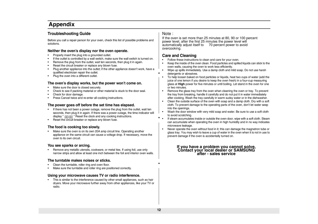 Samsung ME614ST/ZAM manual Appendix, Troubleshooting Guide, Care and Cleaning 