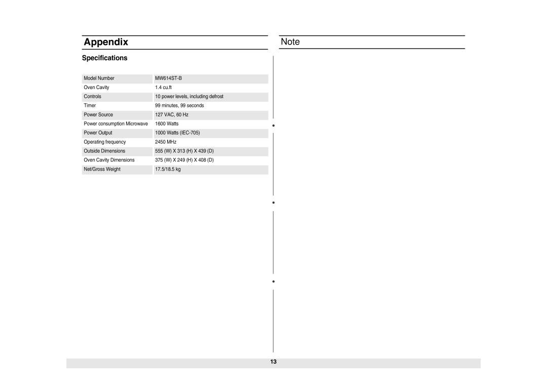 Samsung ME614ST/ZAM manual Appendix, Specifications 