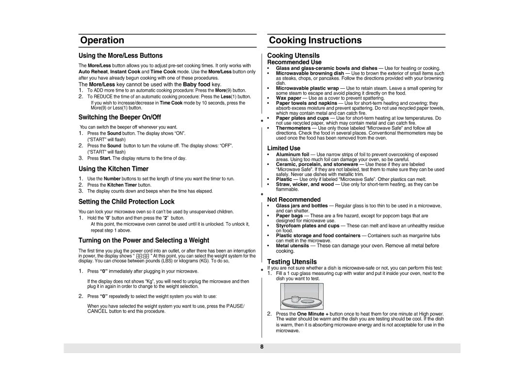 Samsung ME614ST/ZAM manual Cooking Instructions, Cooking Utensils, Testing Utensils 