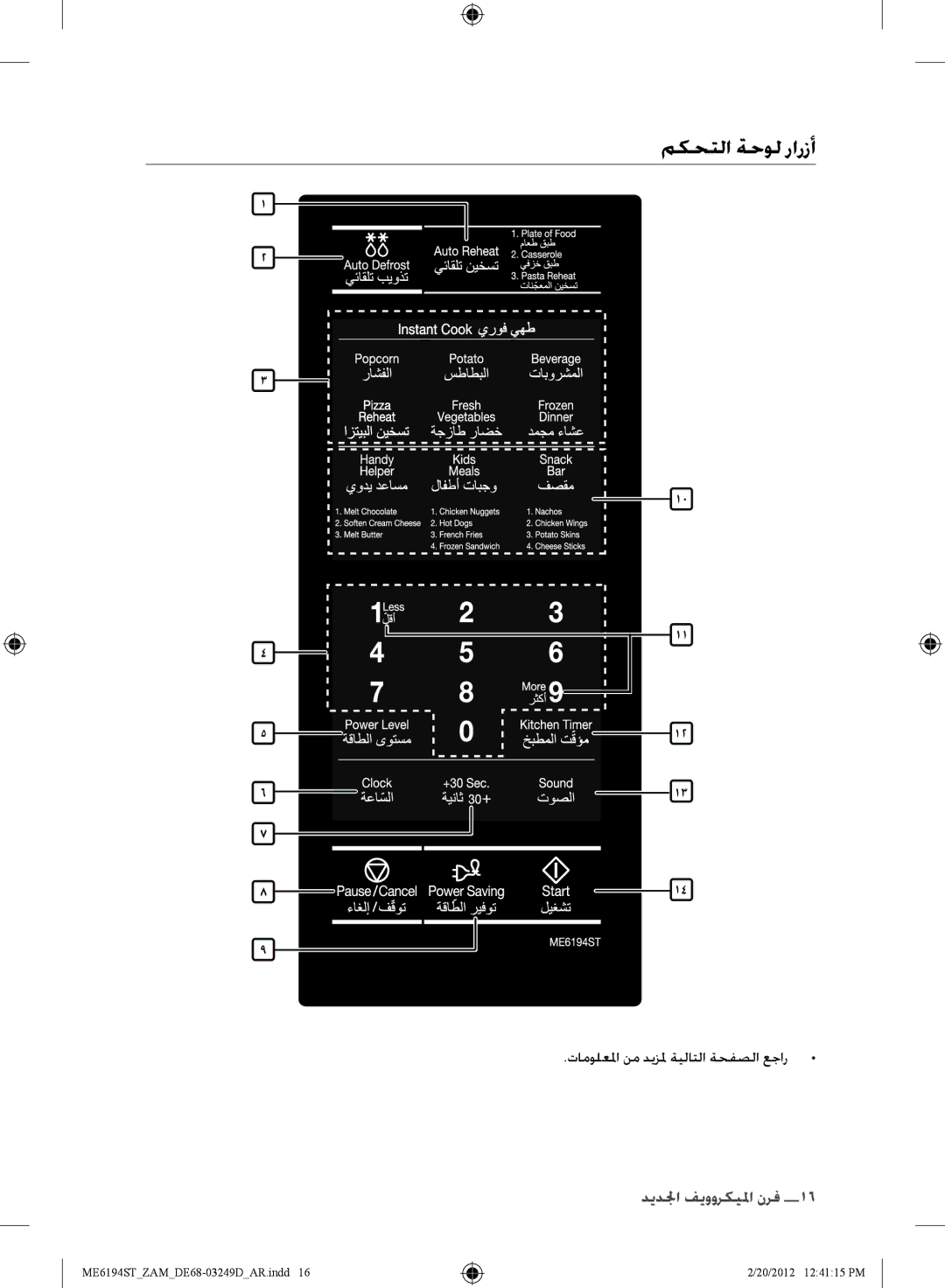 Samsung ME6194ST/ZAM manual مكحتلا ةحول رارزأ 