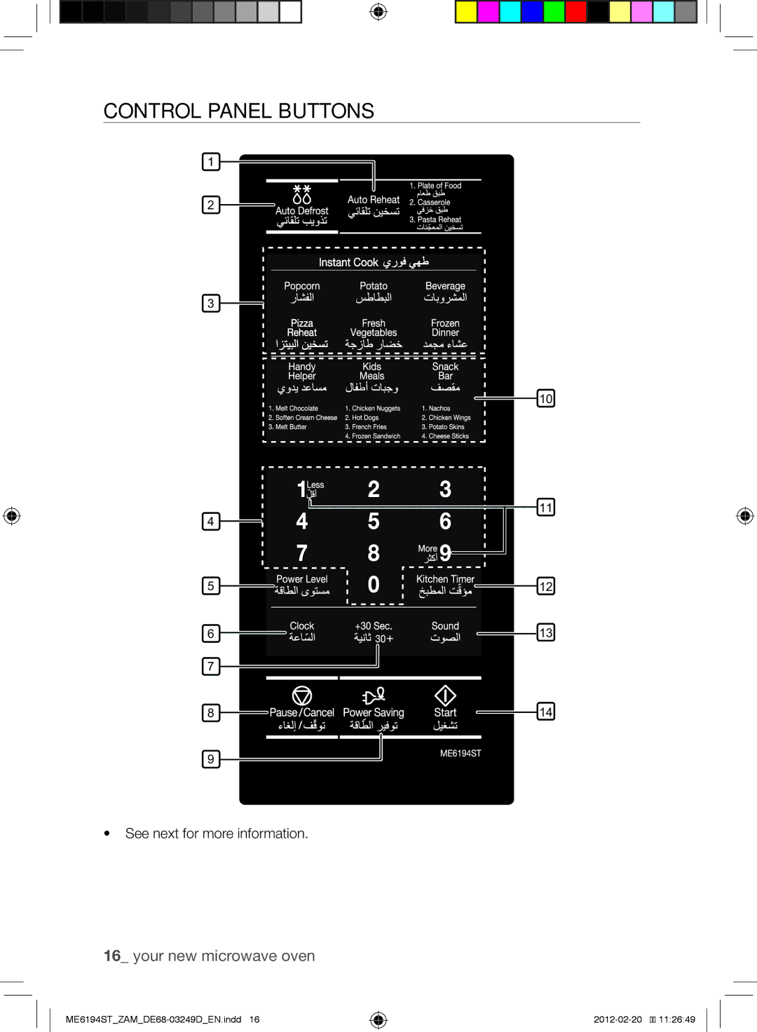 Samsung ME6194ST/ZAM manual Control Panel Buttons 