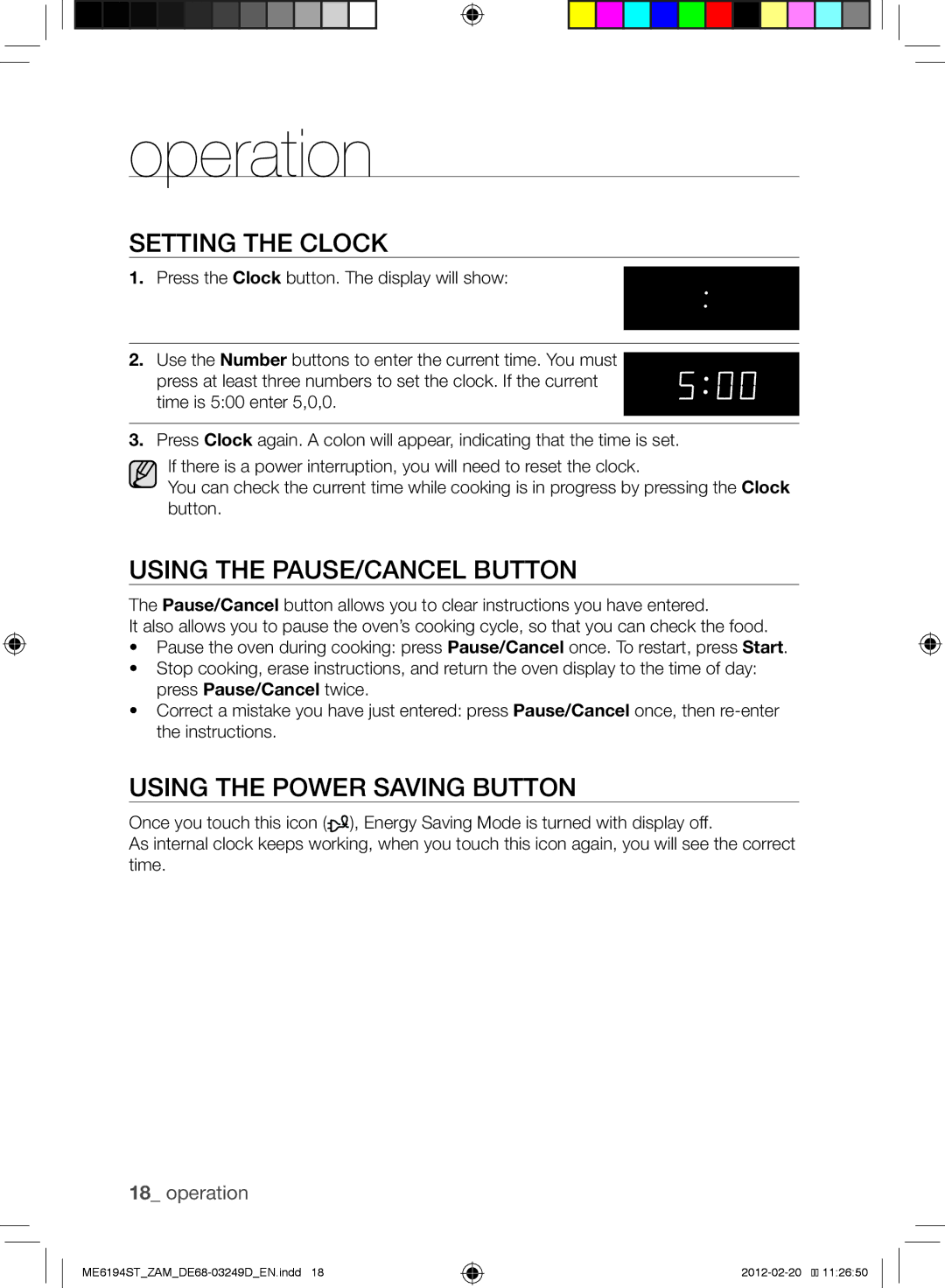 Samsung ME6194ST/ZAM manual Operation, Setting the Clock, Using the Pause/Cancel Button, Using the power saving Button 