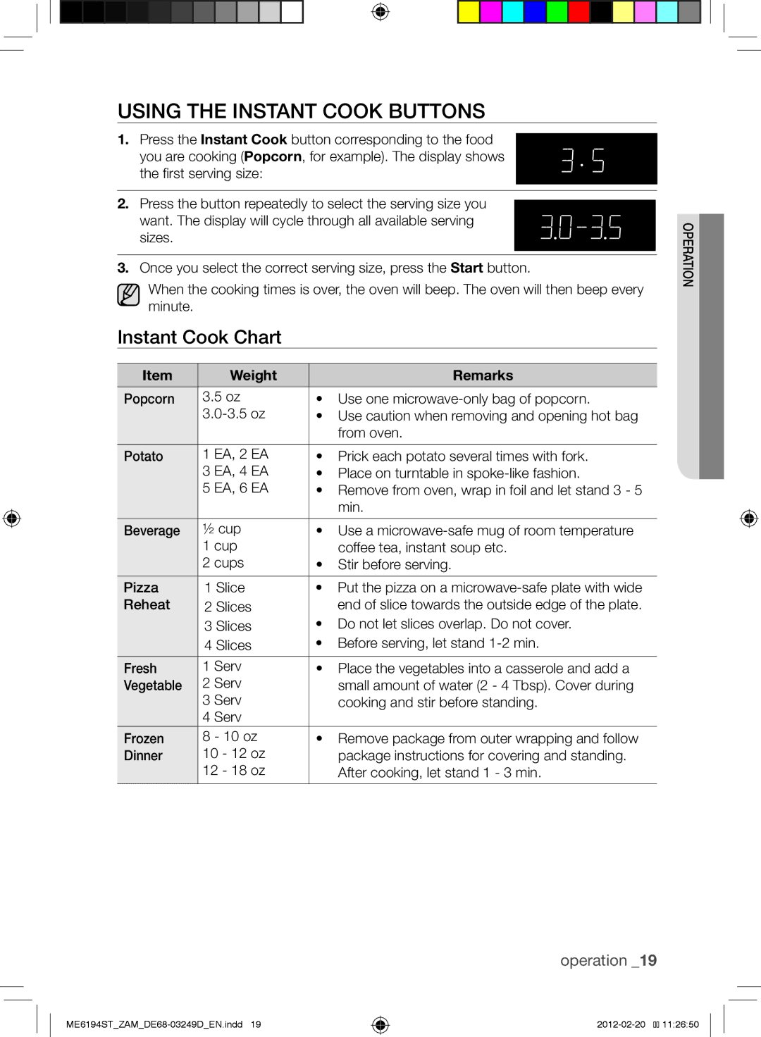 Samsung ME6194ST/ZAM manual Using the Instant Cook Buttons, Instant Cook Chart, Weight Remarks 