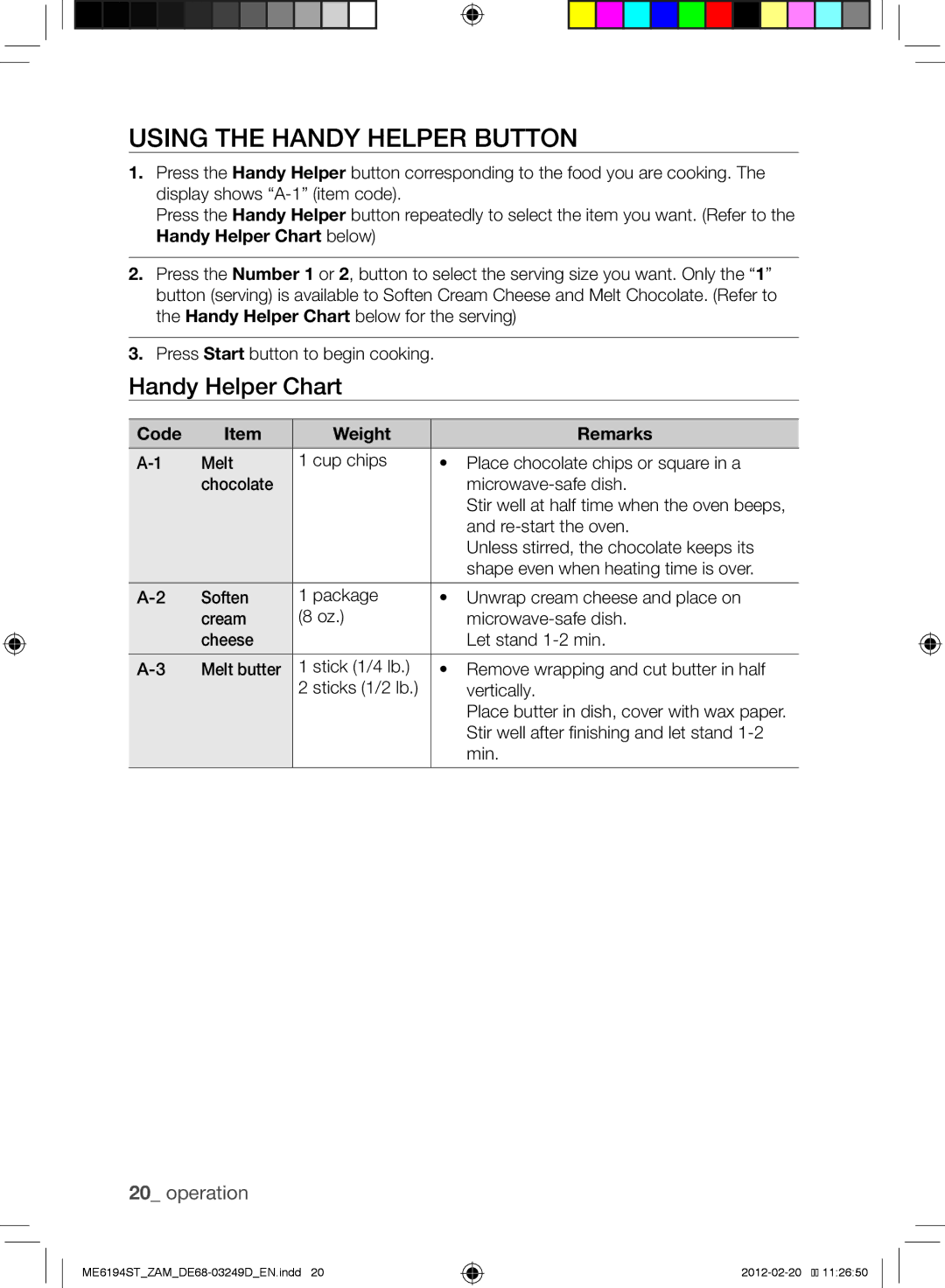 Samsung ME6194ST/ZAM manual Using the handy helper button, Handy Helper Chart, Code Weight Remarks 