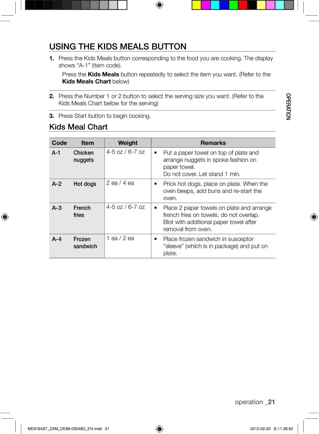 Samsung ME6194ST/ZAM manual Using the Kids Meals Button, Kids Meal Chart 