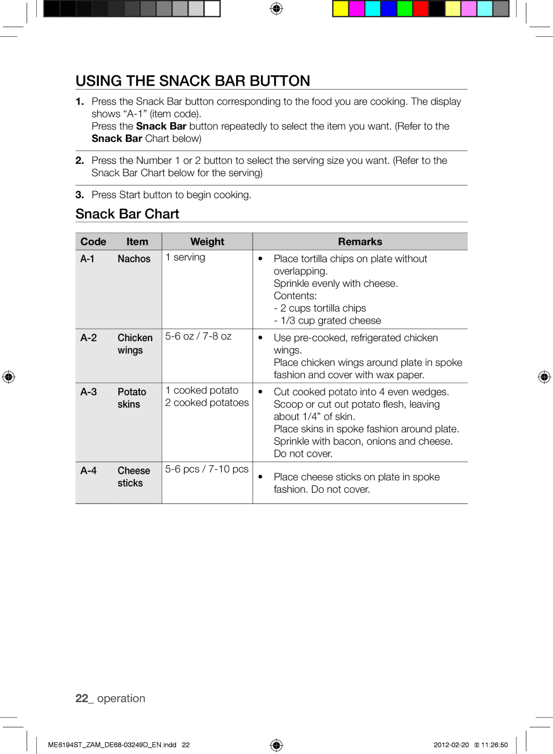 Samsung ME6194ST/ZAM manual Using the Snack Bar Button, Snack Bar Chart 