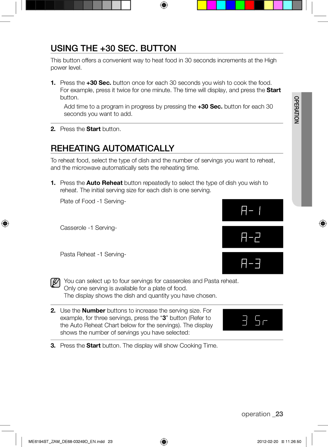 Samsung ME6194ST/ZAM manual Using the +30 Sec. Button, Reheating Automatically 