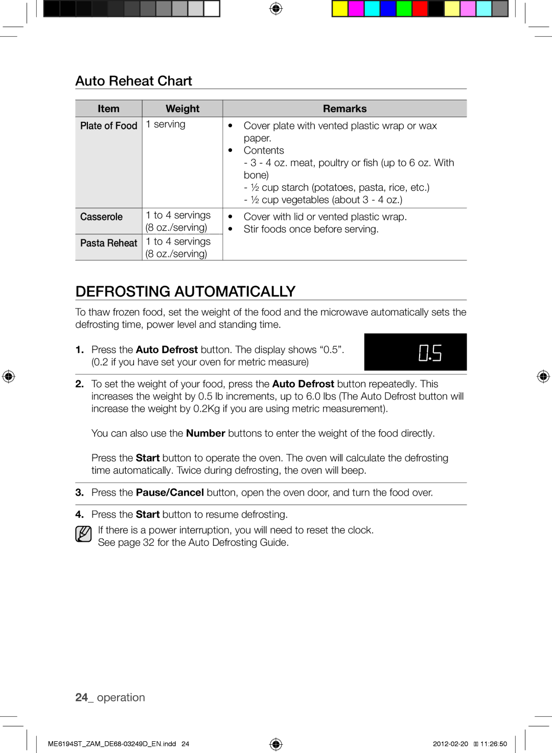 Samsung ME6194ST/ZAM manual Defrosting Automatically, Auto Reheat Chart 