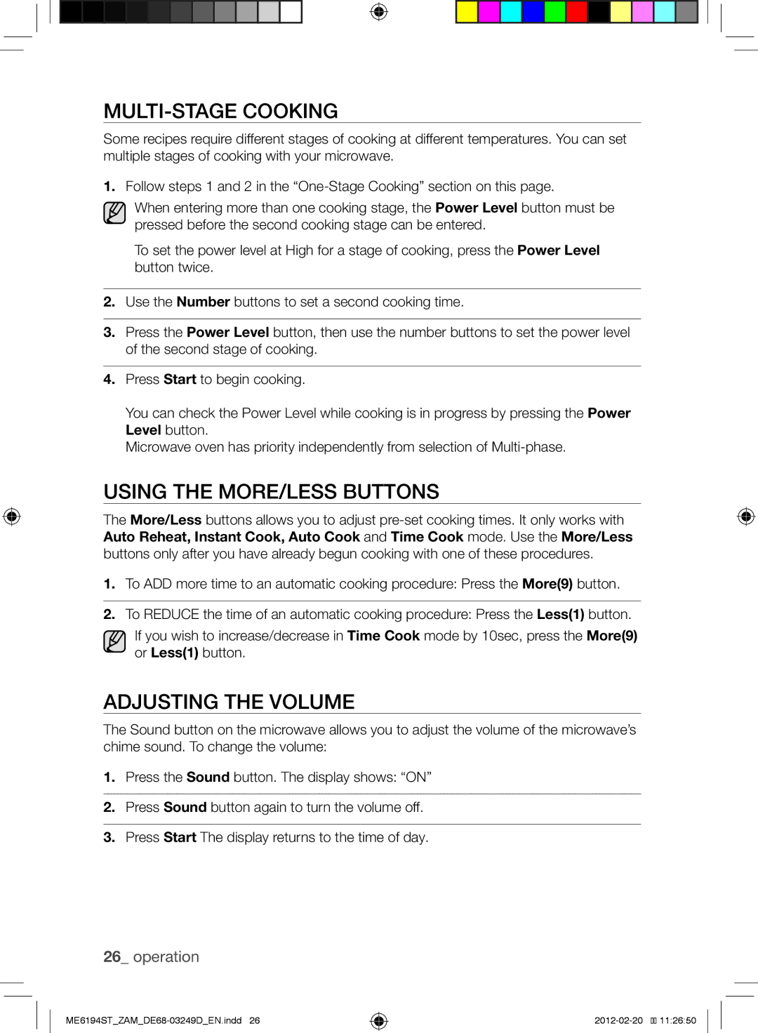 Samsung ME6194ST/ZAM manual Multi-stage Cooking, Using the More/Less Buttons, Adjusting the Volume 