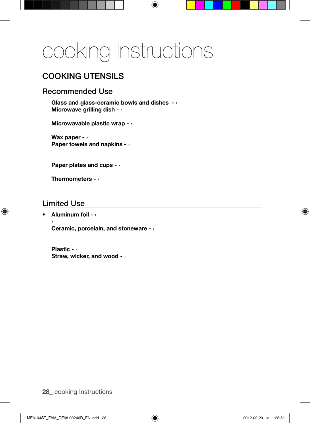 Samsung ME6194ST/ZAM manual Cooking Instructions, Cooking Utensils, Recommended Use, Limited Use 