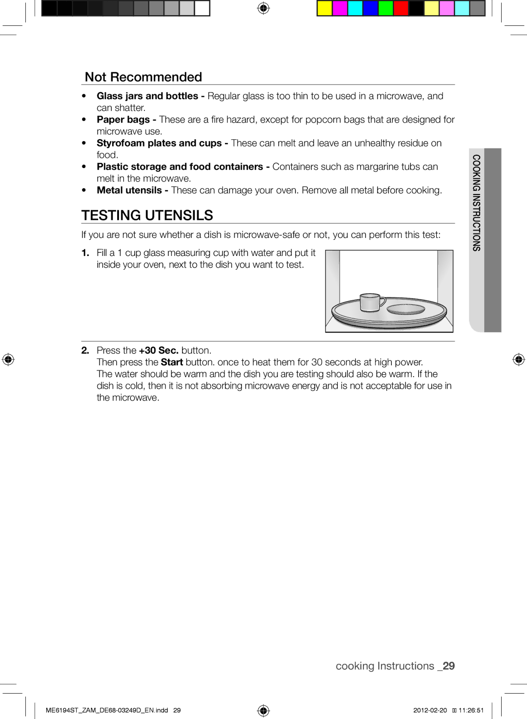 Samsung ME6194ST/ZAM manual Testing Utensils, Not Recommended 